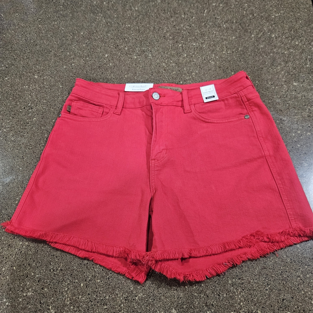 Judy Blue Vibrant Red Frayed Hem Jean Shorts